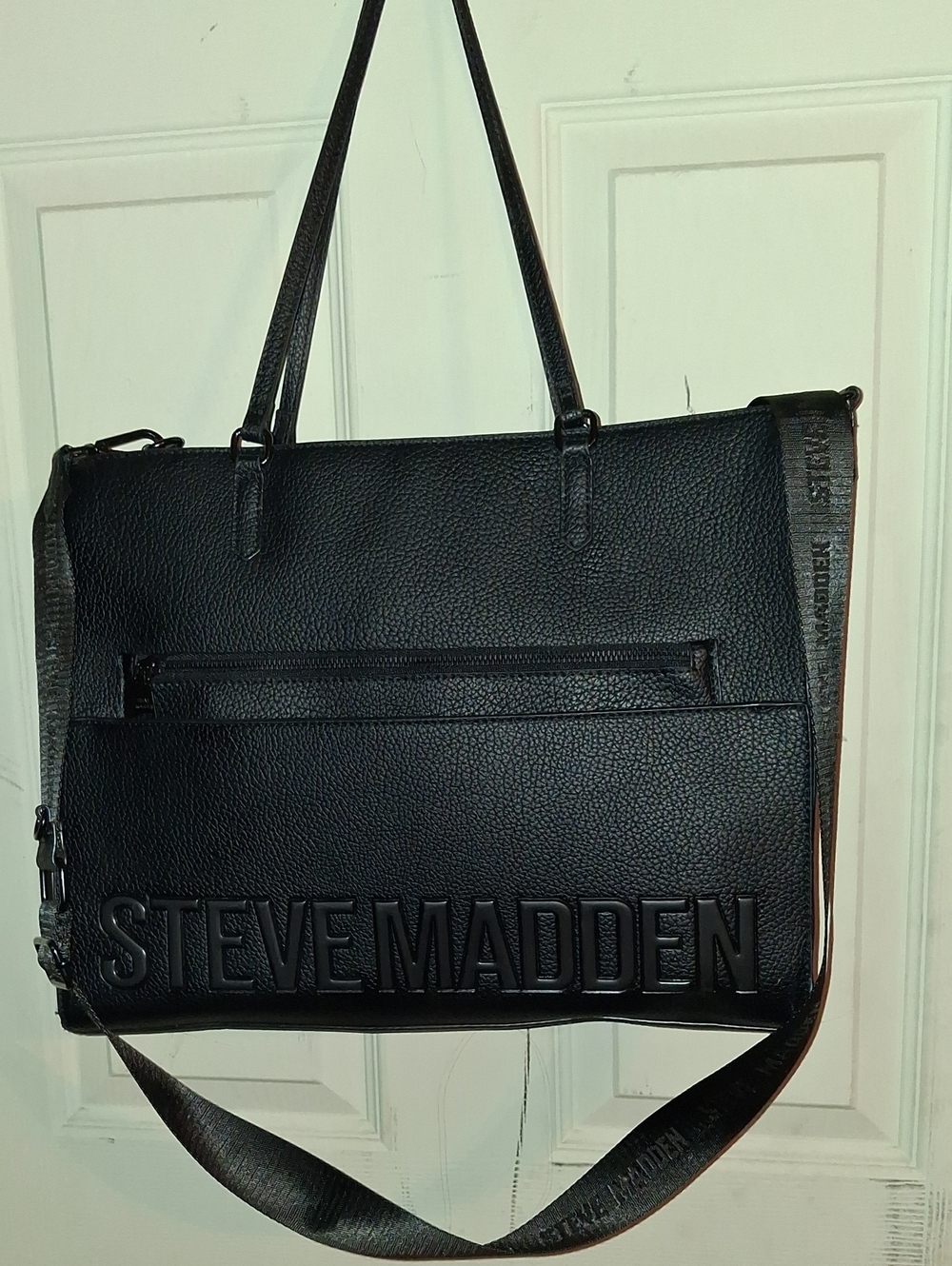 Steve Madden Black Leather Laptop Tote with Adjustable Strap NWOT